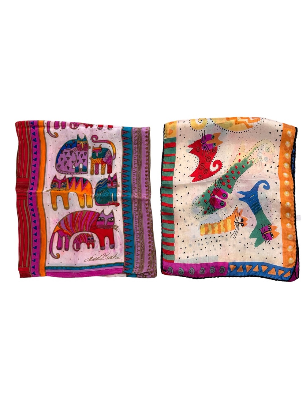 Laurel Burch Colorful Cats Silk Scarf Fantastic Felines Lot of 2 Scarves